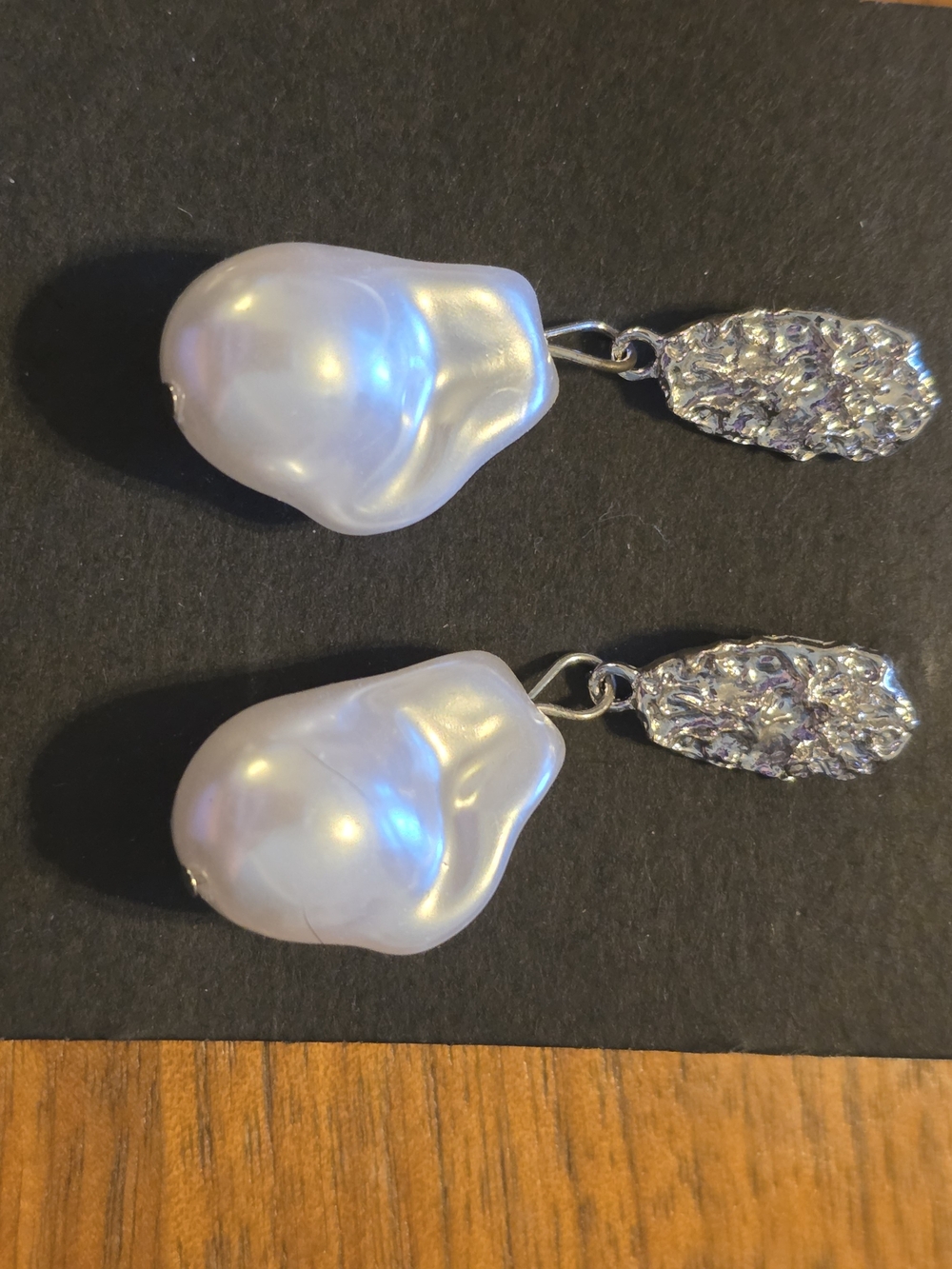 Baroque Pearl Drop Earrings in White with Silver Accents